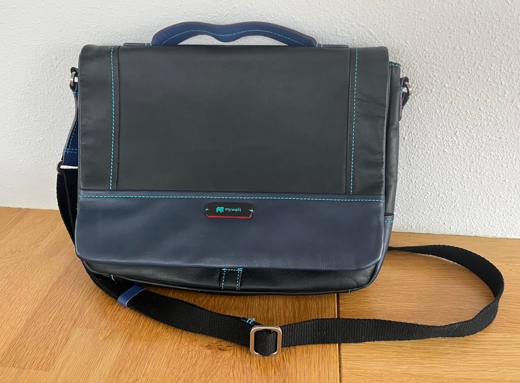 Mywalit leren schoudertas zwart/blauw, Overige merken, Gebruikt, Zwart, Ophalen of Verzenden