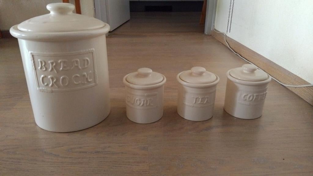 Vintage Broodtrommel en Voorraadpotten Set, Gebruikt, Steen/keramiek, Broodtrommel, Overige merken