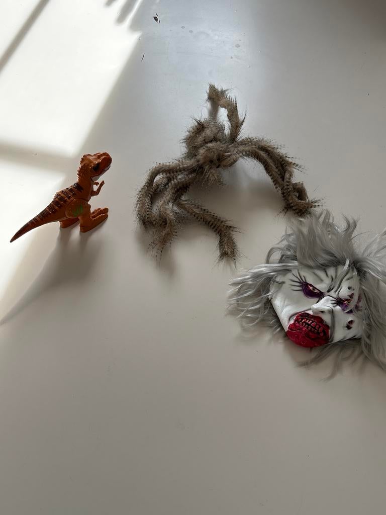 Dino, eng masker en nep spin. Alles in 1 koop!, Ophalen of Verzenden, Gebruikt, Jongen of Meisje