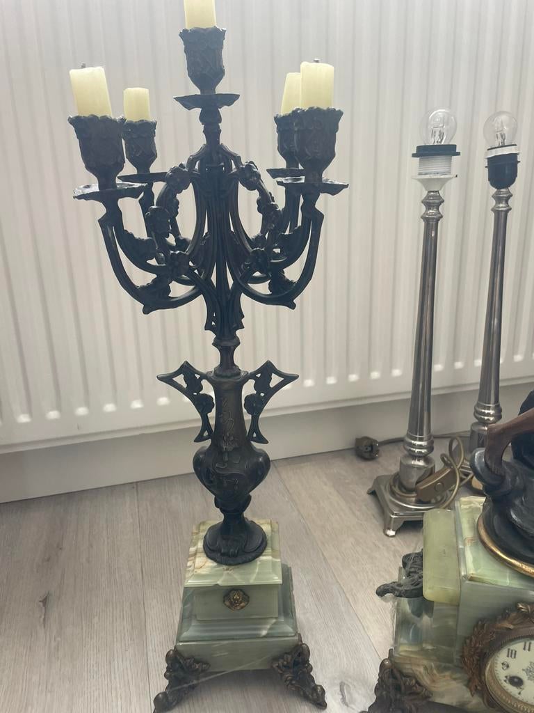 Antiek kandelaar en klok, prachtige kunst, Ophalen, Koper of Brons