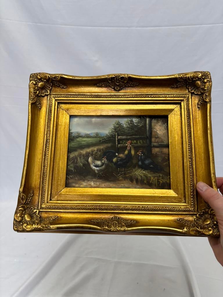 Vintage barok rococo stijl schilderij kippen op boerderij, Antiek en Kunst, Ophalen of Verzenden