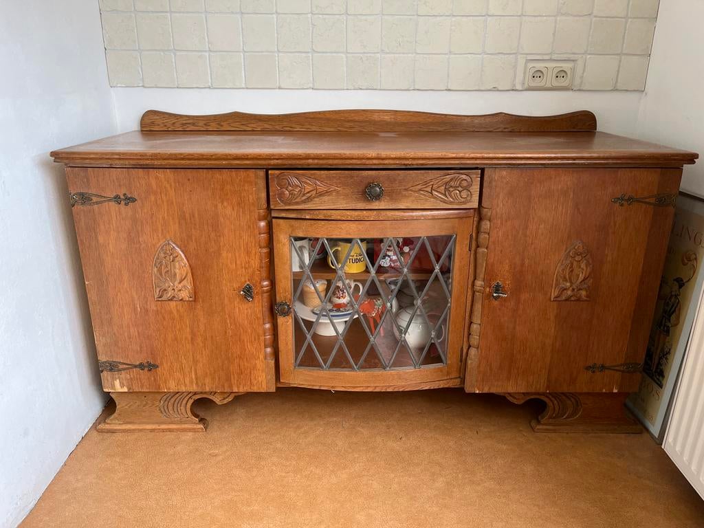 Gratis Dressoir - Klassiek Eikenhout met Vitrine, Gebruikt, 100 tot 150 cm, Eikenhout, Ophalen of Verzenden