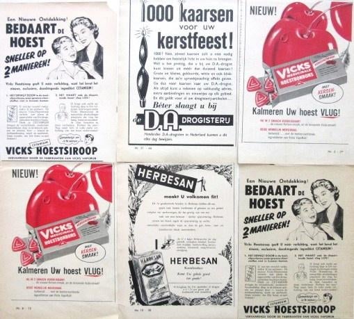 70+ vintage reclames van keel en drogist producten 1939-96, Verzamelen, Ophalen of Verzenden, Gebruikt