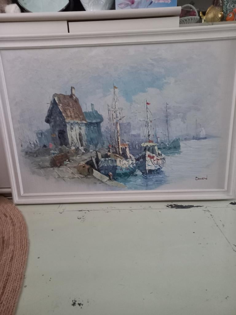 Mooie schilder met huis en rivier boot, Ophalen of Verzenden