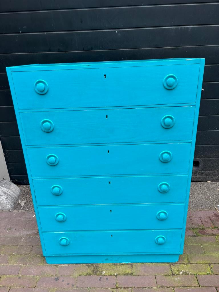 Blauwe houten ladenkast / 6 lades, Ophalen, Gebruikt, 100 tot 150 cm, -