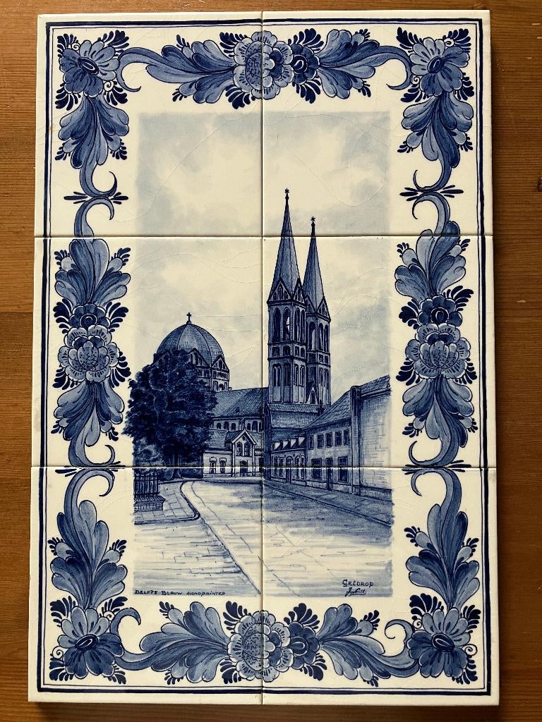 Delfts Blauw tegeltableau Brigida kerk Geldrop. 30 x 45 cm., Ophalen
