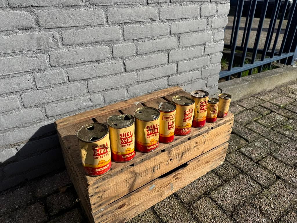 Vintage Shell X-100 Motorolie Blikken - Decoratie, Verzamelen, Merken en Reclamevoorwerpen, Gebruikt, Gebruiksvoorwerp, ., Ophalen of Verzenden