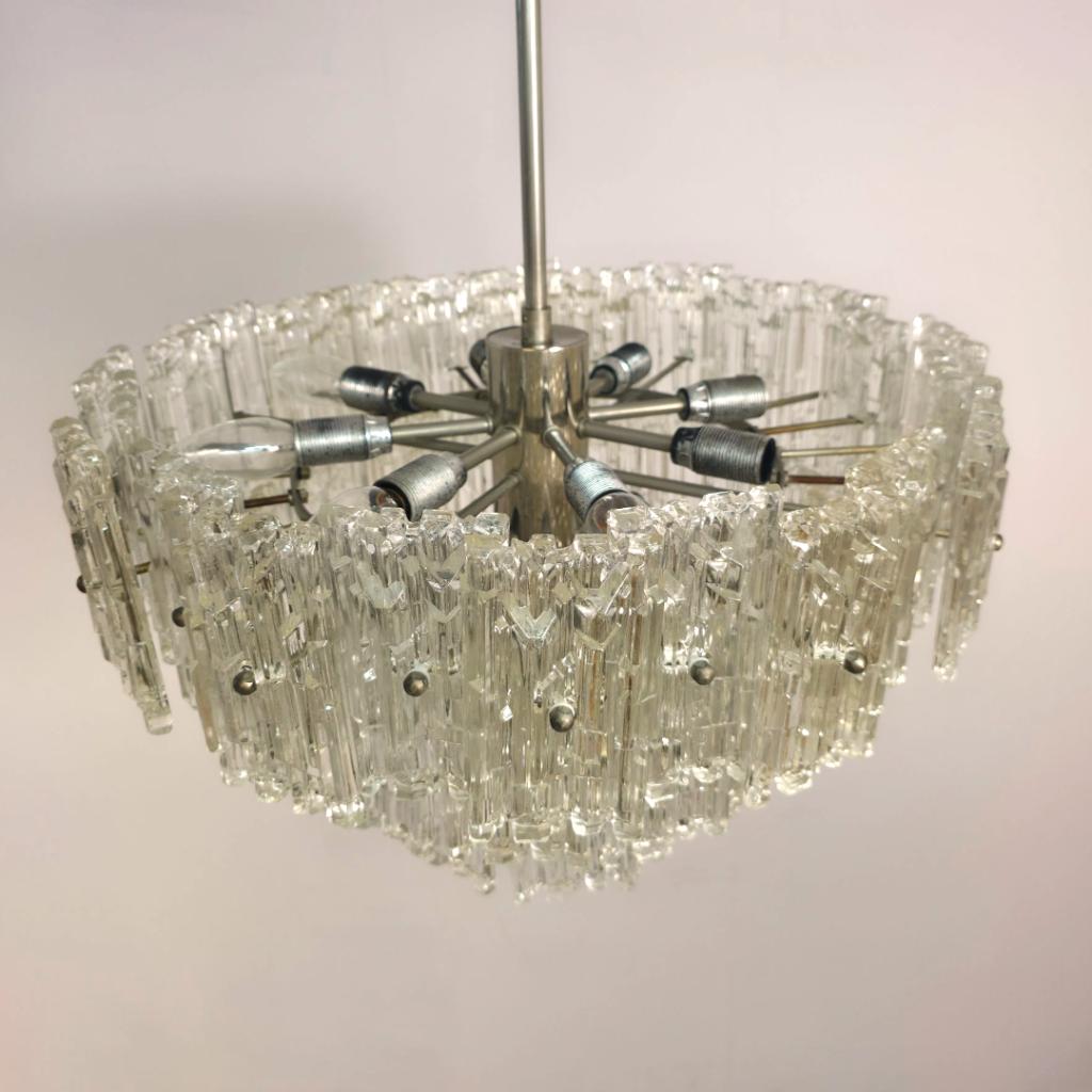 XL ijsglas Kalmar kroonluchter 60's mid century chrome, Ophalen of Verzenden, Gebruikt, Glas