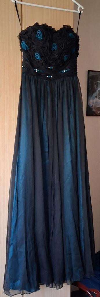 Prachtige gala jurk turkooizen met zwart, Kleding | Dames, Galajurk, Zwart, Ophalen of Verzenden, Zo goed als nieuw