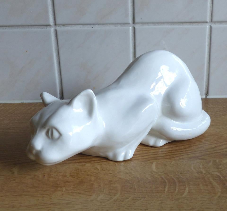 Delfts wit vintage poezenbeeldje kat poes Delft Holland, Verzamelen, Ophalen of Verzenden, Gebruikt, Dier