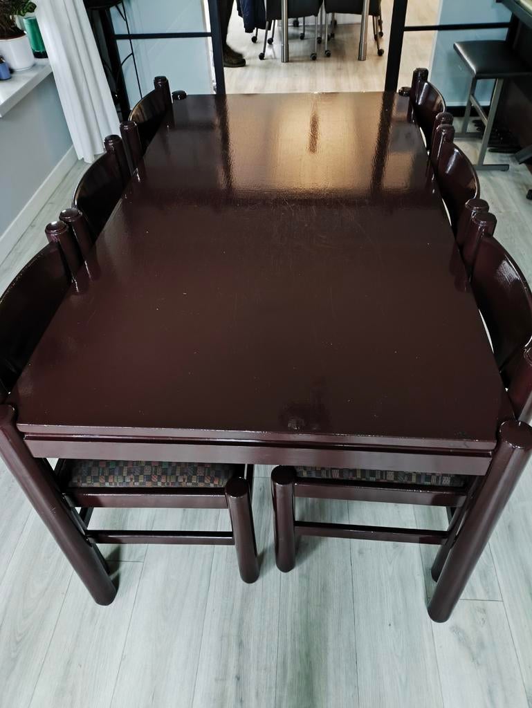 houten eethoek met 6 houten stoelen stoffen zitting, Ophalen, Gebruikt