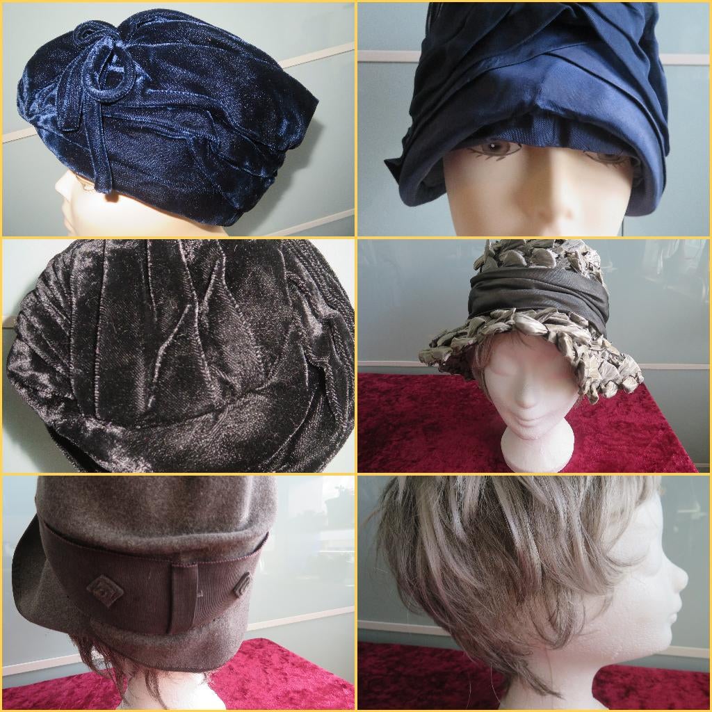 Vintage HOEDJES / Mutsjes 5 stuks + Kop met Pruikje, Antiek en Kunst, Antiek | Kleding en Accessoires, Ophalen of Verzenden, Dames