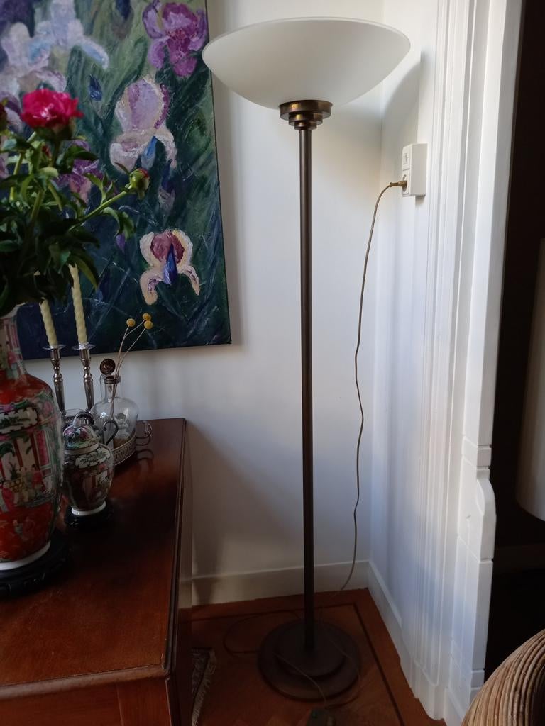 Art Deco Bauhaus messing&glas hoge vloerlamp, Ophalen, Glas, Art Deco, 150 tot 200 cm