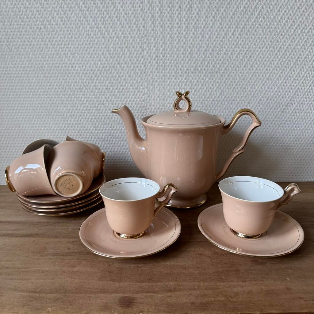 Antiek Koffieservies Driehoek Huizen, Roze Goud, Koffiepot, Ophalen