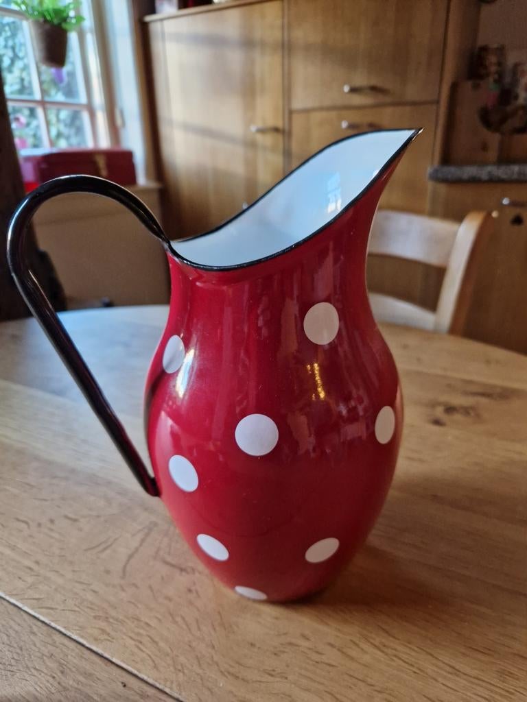 ROOD MET WITTE STIPPEN POLKADOT EMAILLE GROTE KAN, Ophalen of Verzenden