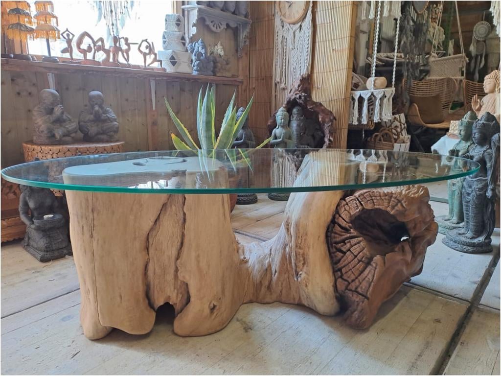 Boomwortel tafel met glasplaat, Ophalen, Ibiza Sfeer, Info@ibizasfeer.nl, Www.ibizasfeer.nl