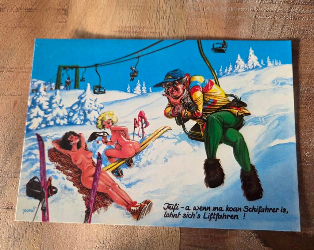 Man in stoeltjeslift gluurt naar blote zonnende vrouwen, Verzenden, 1980 tot heden, Ongelopen, Overige thema's