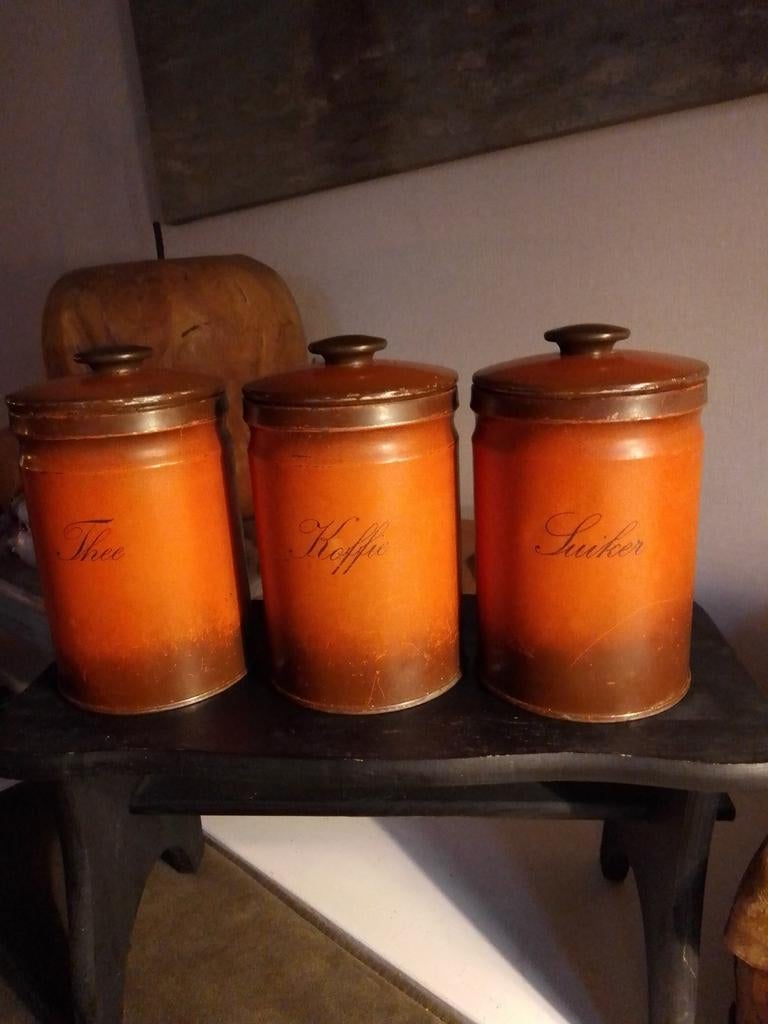 Brocante voorraad blikken/potten 3 stuks, Antiek en Kunst, Ophalen of Verzenden