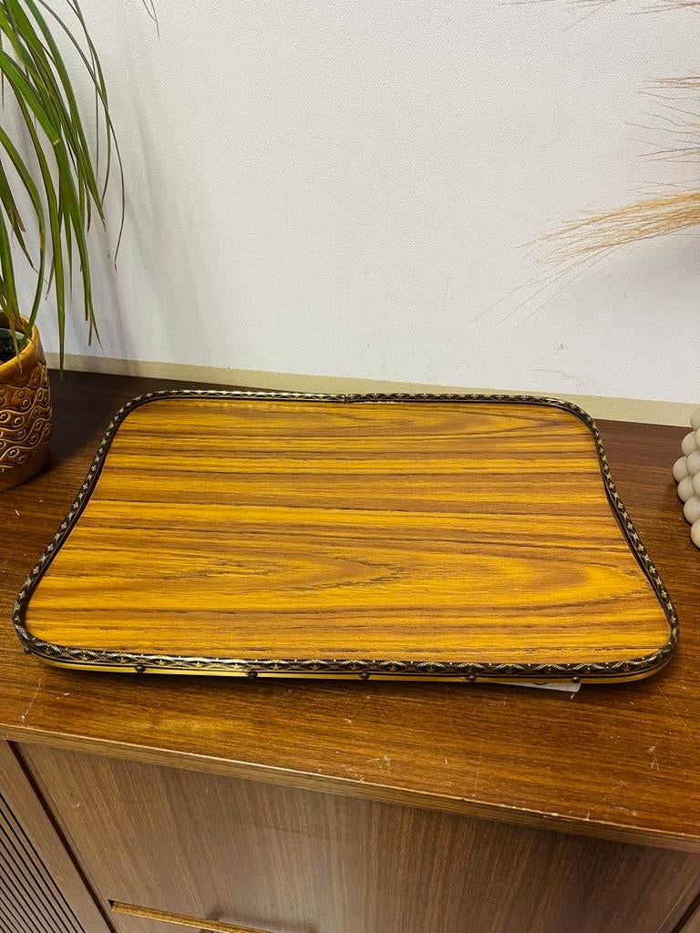 Prachtig Vintage Houten Dienblad Gouden Rand mid century, Ophalen of Verzenden, Gebruikt, Rechthoekig, Hout