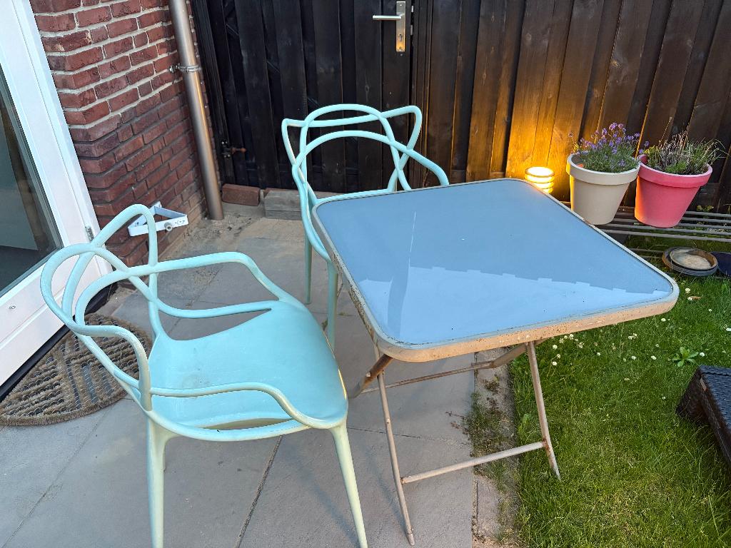 Bistro tuintafel 2personen, metaal en mat melk glas, Tuin en Terras, Tuintafels, Ophalen, Gebruikt, Vierkant, Metaal