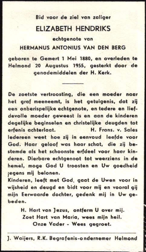 Hendriks Elizabeth Gemert 1880-1955 Helmond, Ophalen of Verzenden
