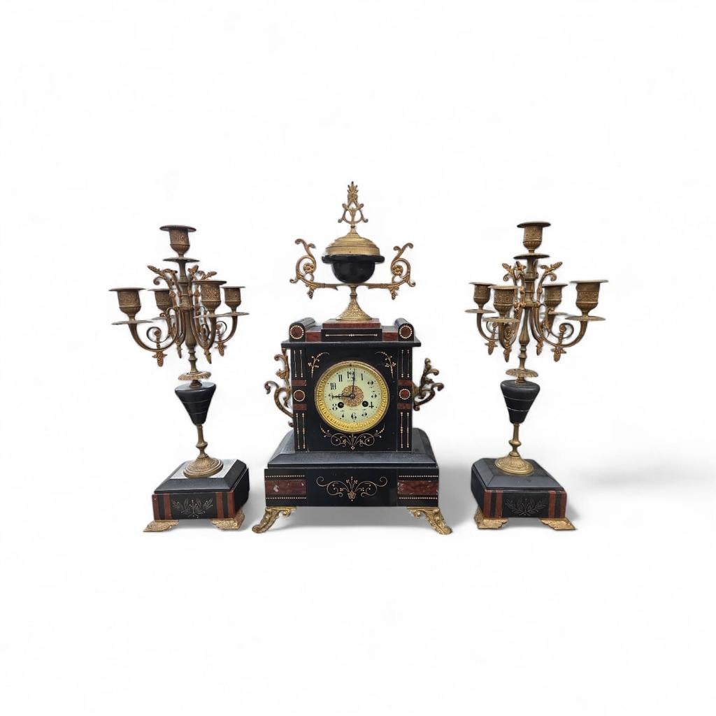 Antieke Franse pendule met kandelaars, Antiek en Kunst, Antiek | Klokken, Ophalen of Verzenden