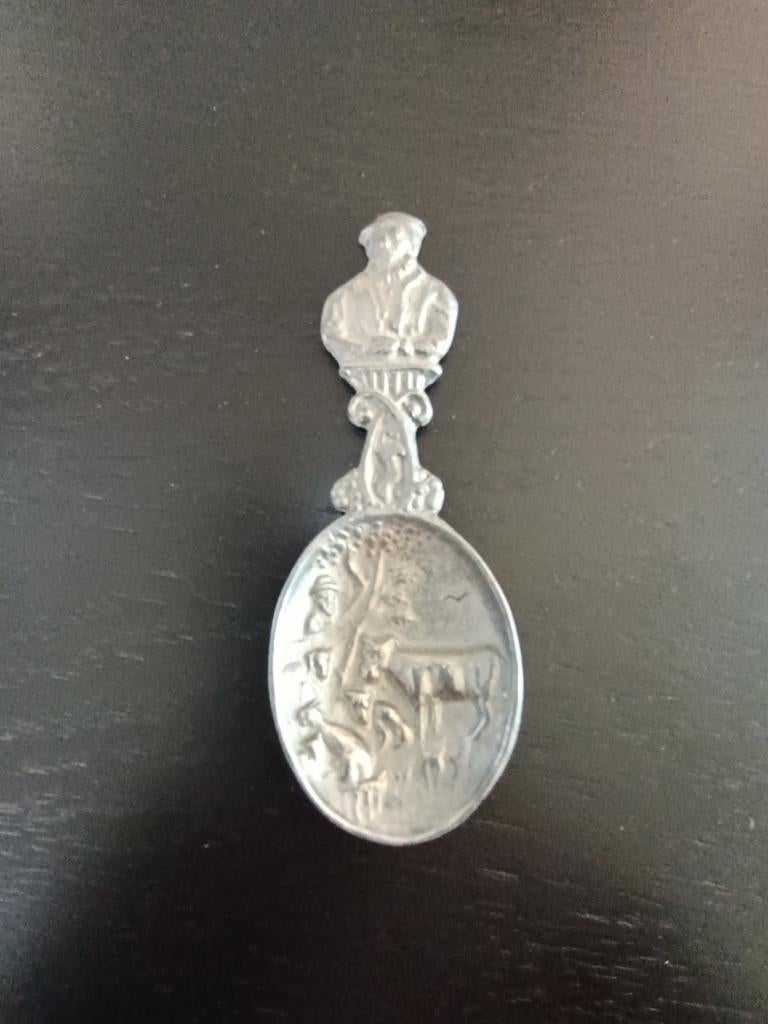 Decoratieve tinnen lepel met buste en tafereel, Antiek en Kunst, Antiek | Tin, Ophalen