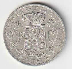 5  francs  1867  België. km. 24, Postzegels en Munten, Munten | Europa | Niet-Euromunten, Ophalen of Verzenden, België, Losse munt