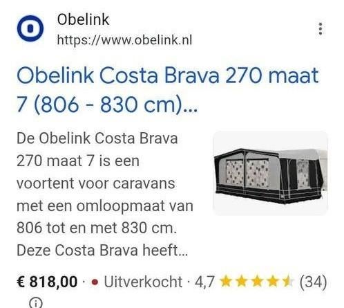 Obelink Costa Brava 270 maat 7, Caravans en Kamperen, Ophalen