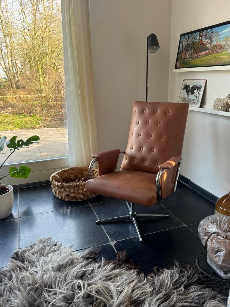 Vintage Bruin Leren Fauteuil - Comfort en Stijl, Huis en Inrichting, Stoelen, Ophalen, Gebruikt, Bruin, Leer