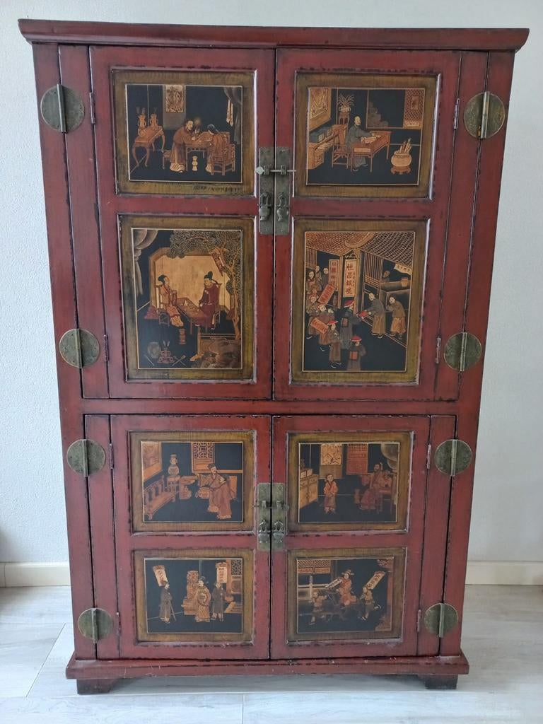 Rode Chinese kast met lades en uitschuifbaar blad, Ophalen, Gebruikt