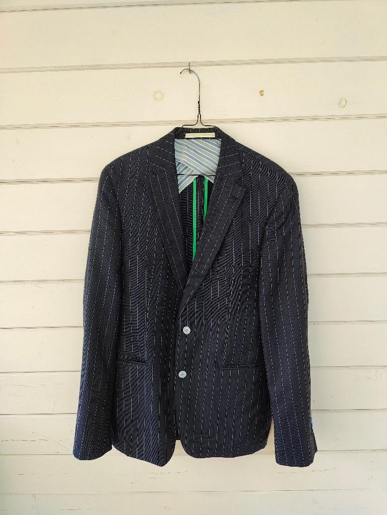 Donkerblauwe blazer met krijtstreep, Kleding | Heren, Kostuums en Colberts, Maat 52/54 (L), Blauw, Digel, Ophalen of Verzenden