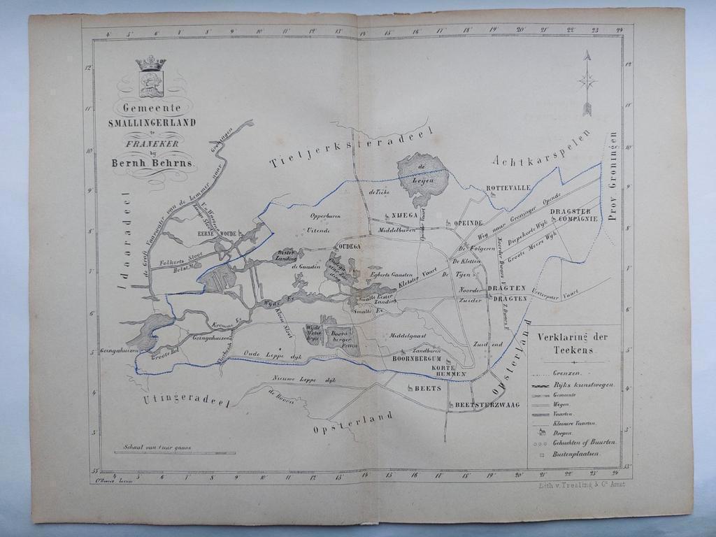 30 / Smallingerland Friesland Zeldzame litho uit 1861, Ophalen of Verzenden
