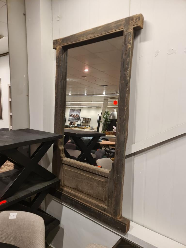 Brocante landelijke teakhouten spiegel 162x97cm €150, Huis en Inrichting, Ophalen, ., Nieuw, .