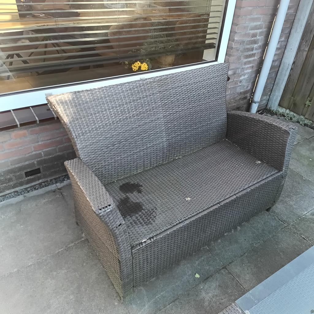Tuinset kunststof bank, tafel en stoelen, Ophalen, 4 zitplaatsen, Kunststof, Gebruikt