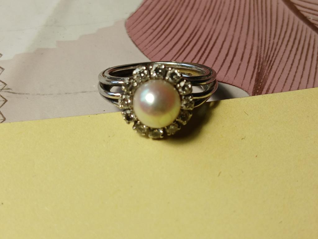 14kt wit gouden ring met brilliant en parel, Sieraden, Tassen en Uiterlijk, Antieke sieraden, Verzenden, Goud, Ring, Met edelsteen