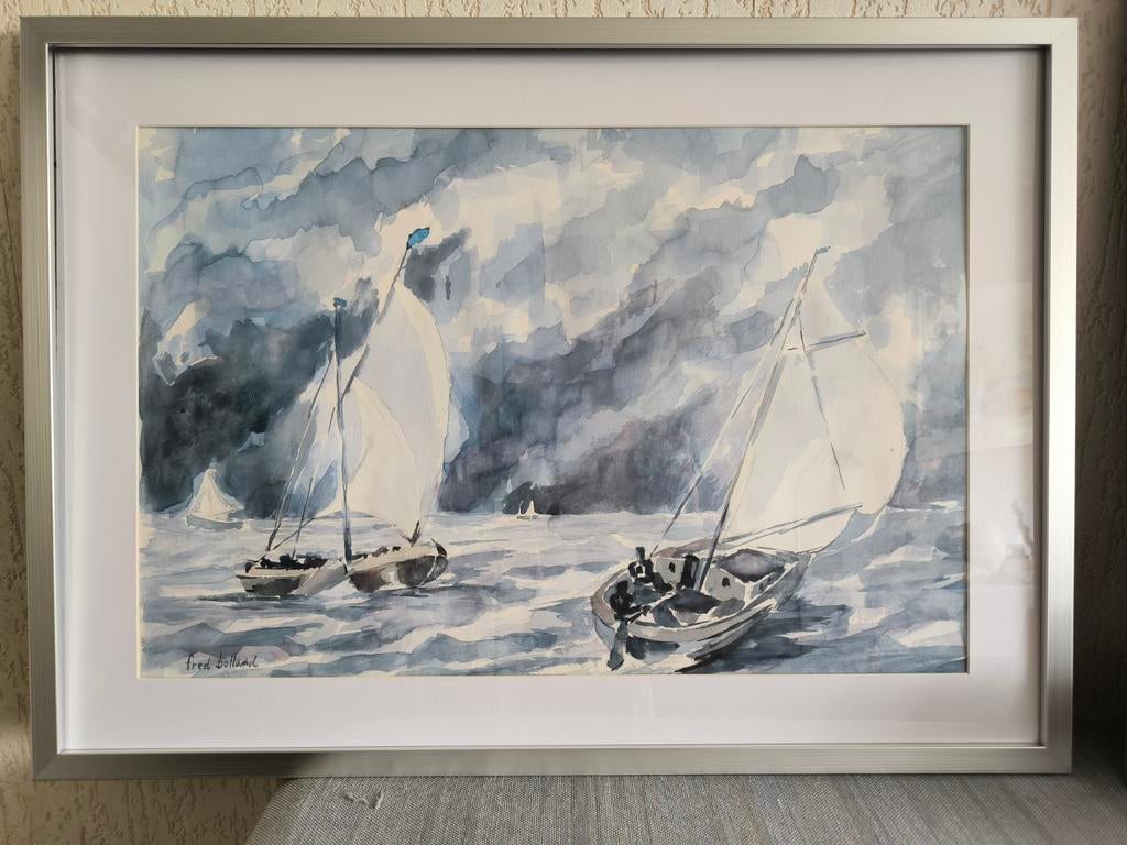 Orginele Aquarel zeilboten, Antiek en Kunst, Ophalen