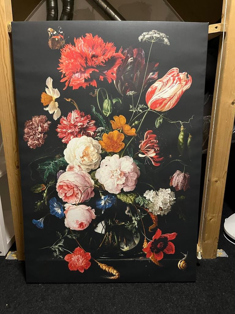 Canvas Schilderij De Heem Vaas met Bloemen 70x100 cm, Antiek en Kunst, Ophalen