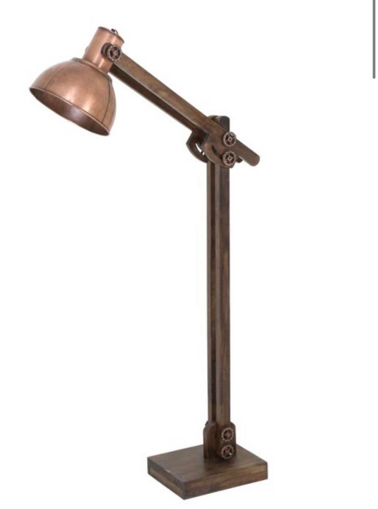 Vloerlam Edward hout bruin en koper, Ophalen, Zo goed als nieuw, Hout, Minder dan 50 cm