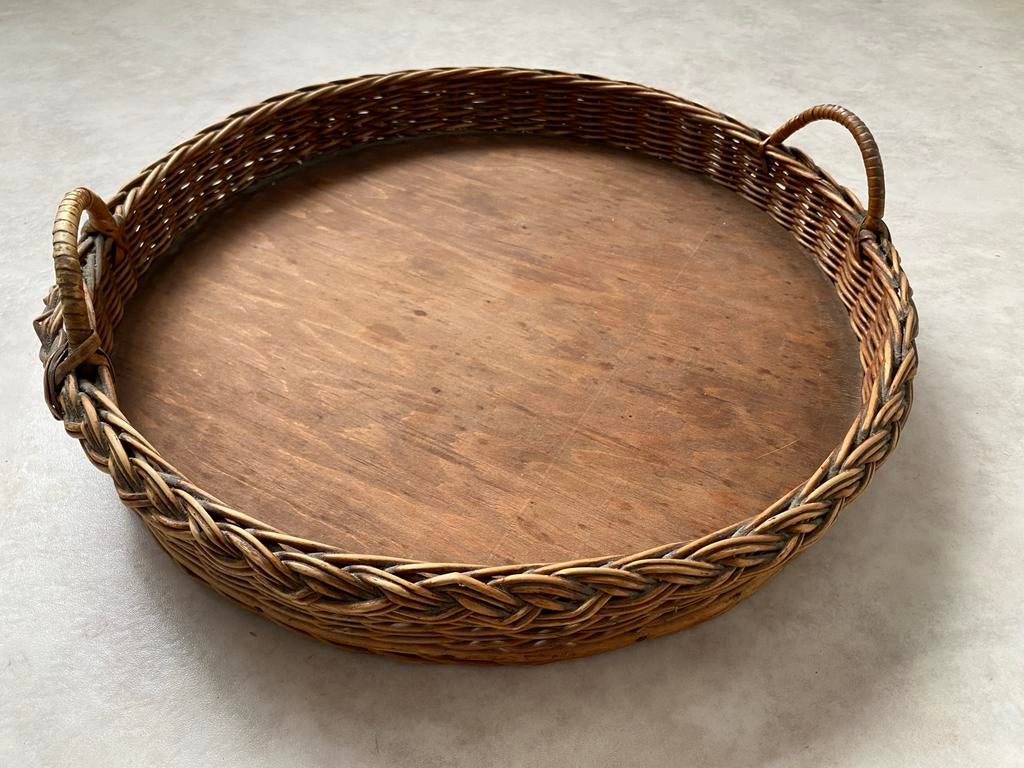 Vintage rieten dienblad met houten bodem, Ophalen, Gebruikt, Rond, Hout