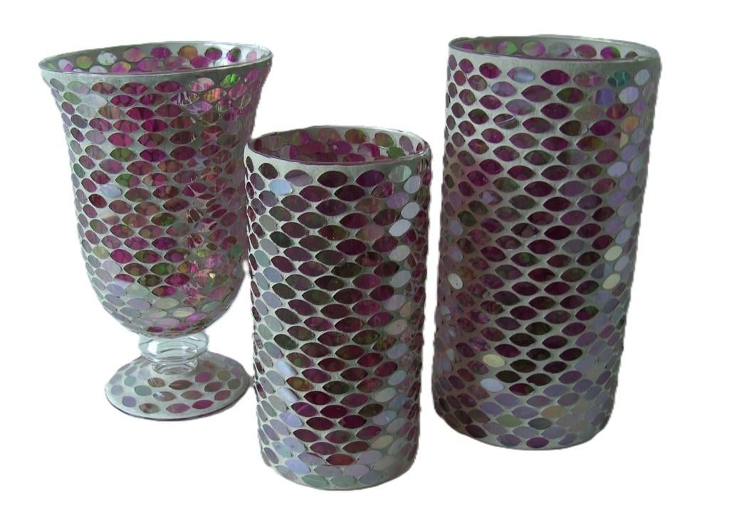 KANDELAARS, WINDLICHT, DECO VAZEN IN GLAS MOZAIEK 3 DLG, Huis en Inrichting, Overige materialen, -, -, Nieuw
