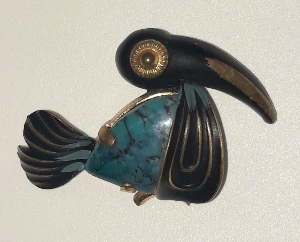 Vintage Duitse Vogel broche met turquoise steen lijfje, Overige materialen, Minder dan 4 cm, Ophalen of Verzenden, Zo goed als nieuw