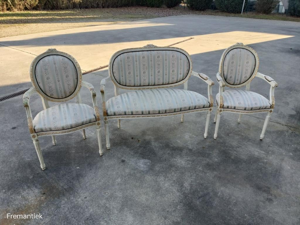 Zetel-set 2+1+1 in goede staat, Huis en Inrichting, Banken | Complete zithoeken, Gebruikt, Hout, Stof, Ophalen