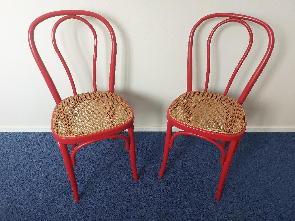 Rode eetkamerstoeltjes met rieten zitting, Antiek en Kunst, Antiek | Meubels | Stoelen en Banken, Ophalen