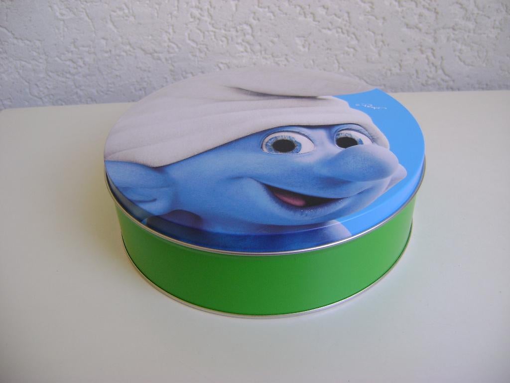 smurfen blik met grote smurf erop van 18rondx6 cm hoog, Ophalen of Verzenden, Zo goed als nieuw, Grote Smurf, Gebruiksvoorwerp