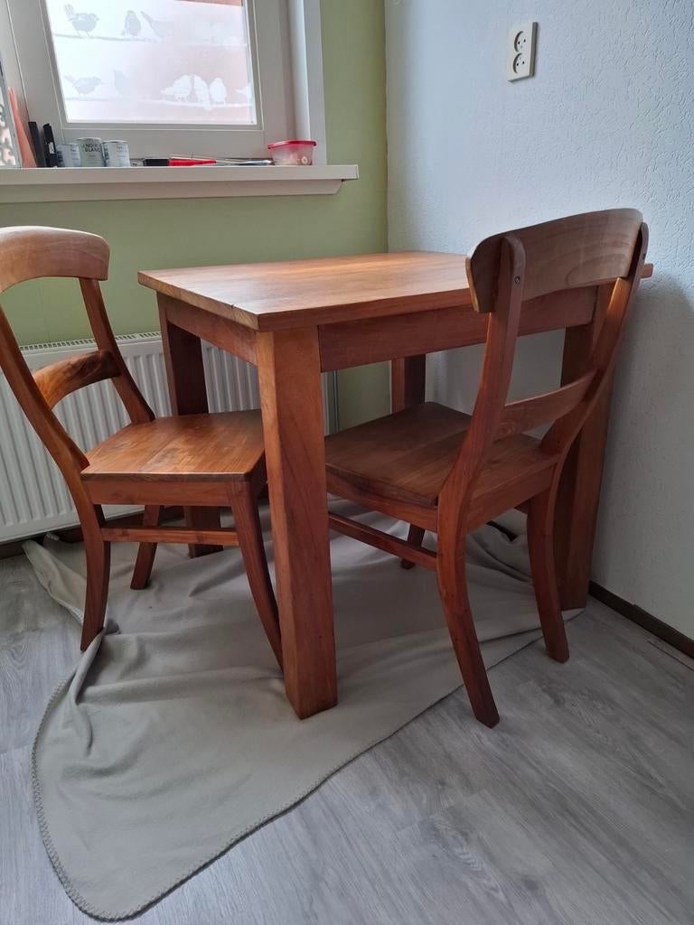 Teak houten eettafel 80brx80brx78h met 2 teakhouten stoelen, Huis en Inrichting, Complete eetkamers, Ophalen, Gebruikt, Teak retro