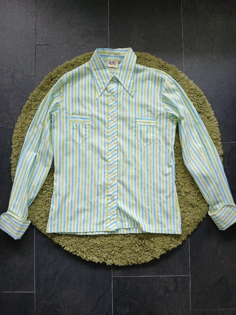 Vintage jaren 70 puntkraag blauw groen gestreepte blouse, M, Maat 38/40 (M), Zo goed als nieuw, Vintage, Verzenden
