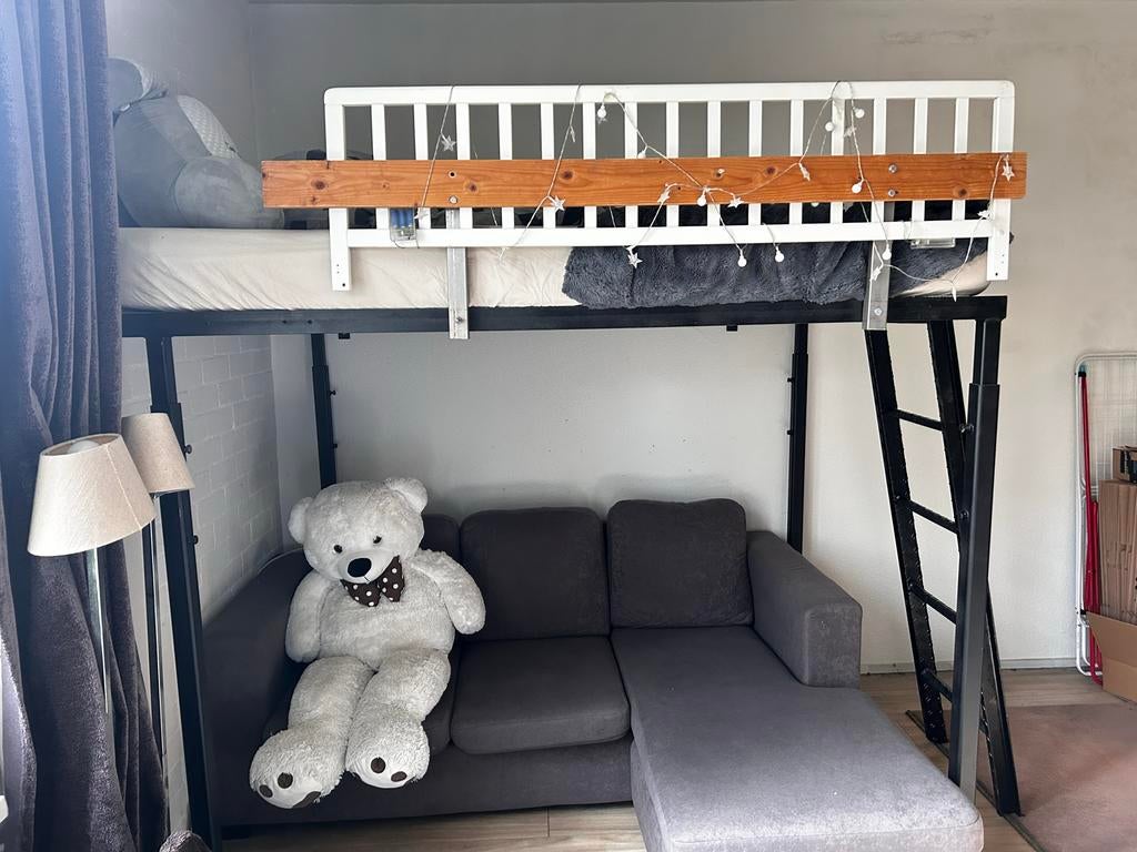 Stevig ijzer hoogslaper met ruimte voor bank of bureau, Ophalen, Zwart, Tweepersoons, 140 cm