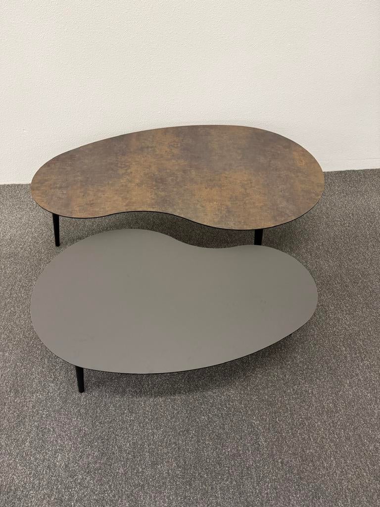 Yin & Yang salontafels HPL Roest & Antraciet - 10% Korting, Huis en Inrichting, Tafels | Salontafels, 100 tot 150 cm, Zo goed als nieuw