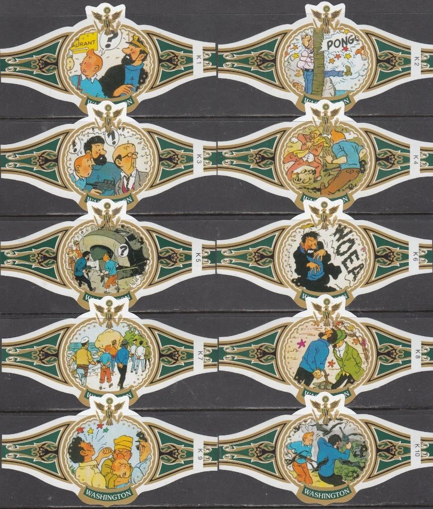 Sigarenbanden Kuifje Vlucht 714, Washington K1-K10 groen-wit, Verzamelen, Rookartikelen, Aanstekers en Luciferdoosjes, Ophalen of Verzenden